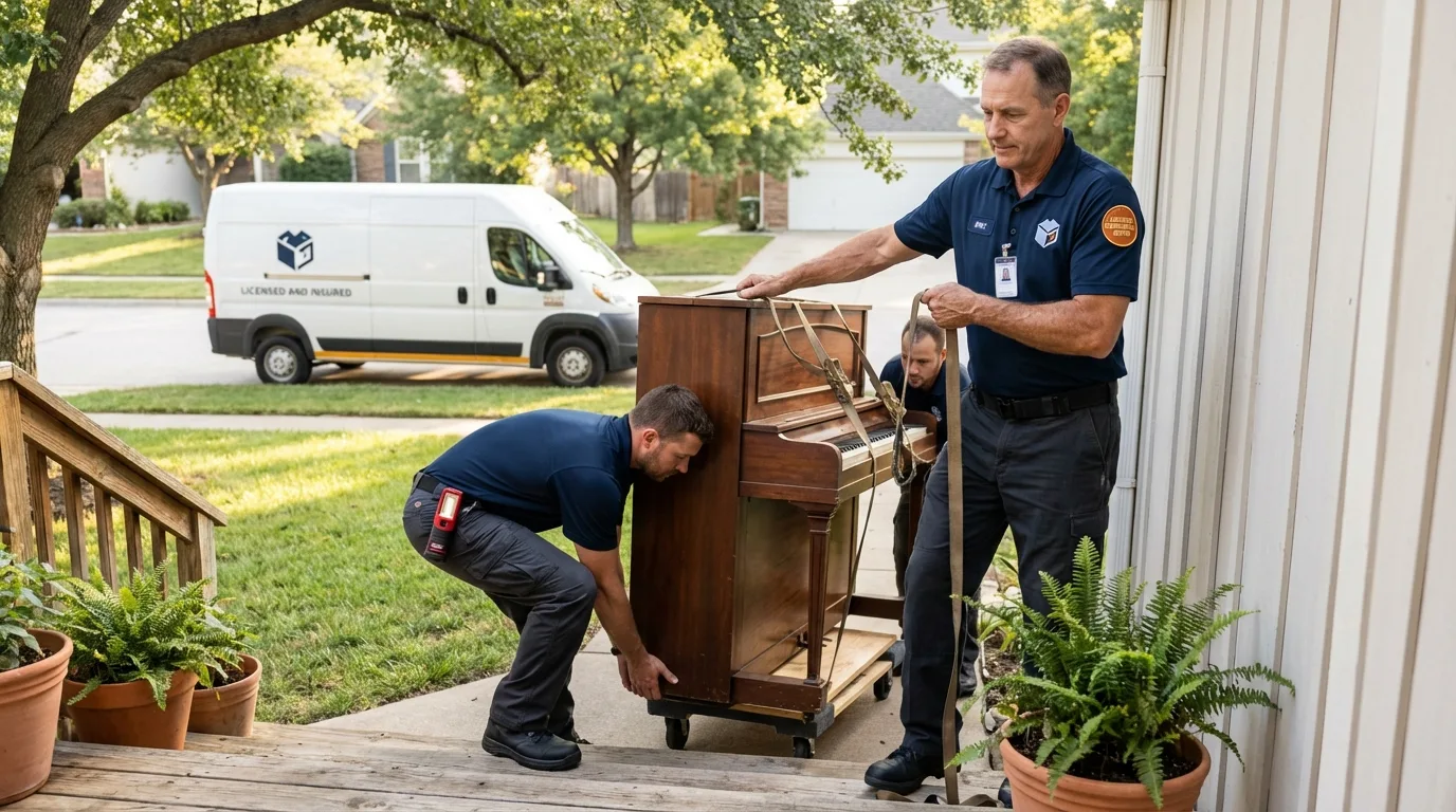 Licensed piano movers securing grand piano in Hermitage, MO