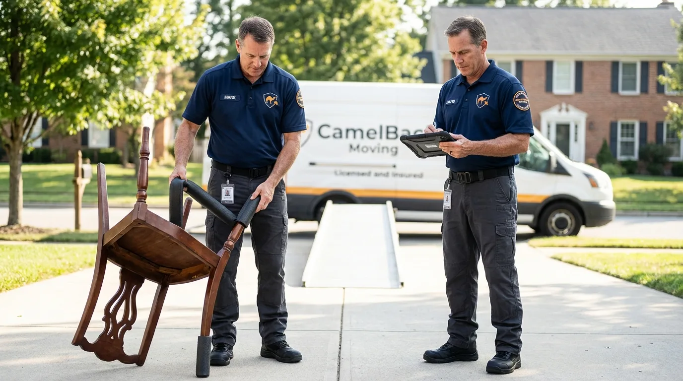 Movers inspecting furniture for damage prevention before loading in Hermitage, MO