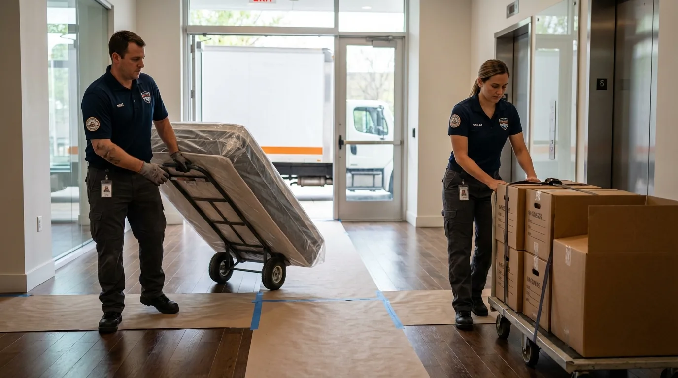 Professional apartment movers loading elevator in Hermitage, MO