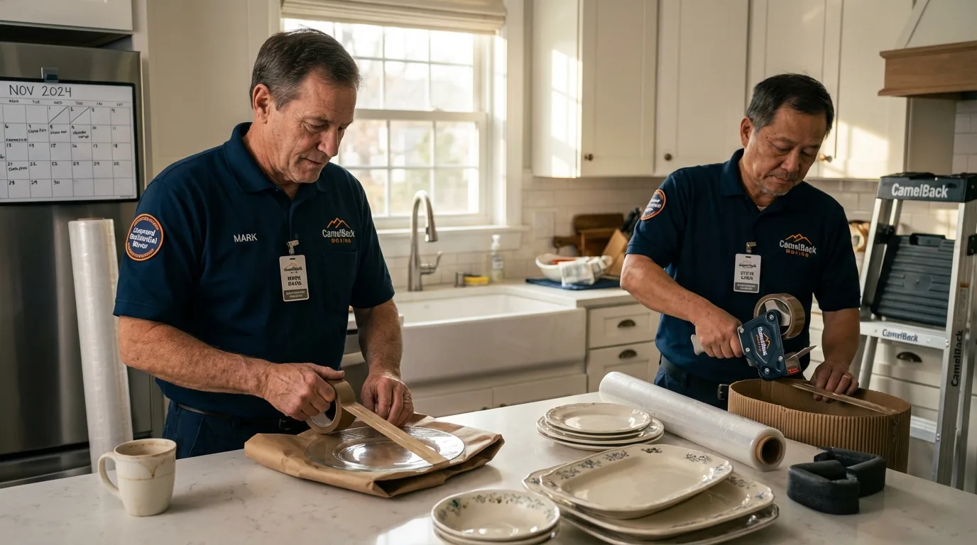 Professional crew packing kitchen dishware in Hermitage, MO